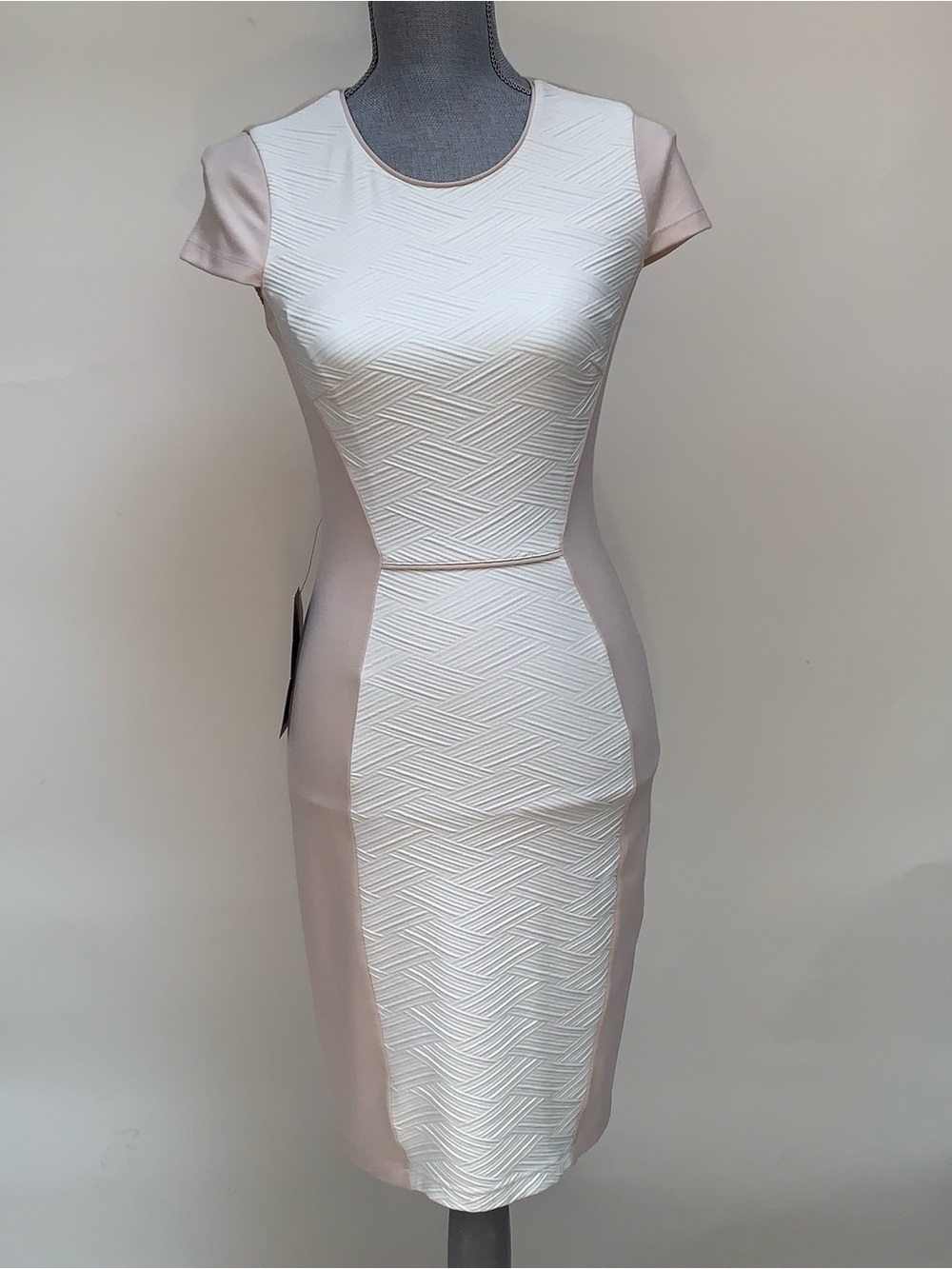 BEBE White Beige Color Block Cap Sleeve BodyCon Cocktail Dress Small Formal